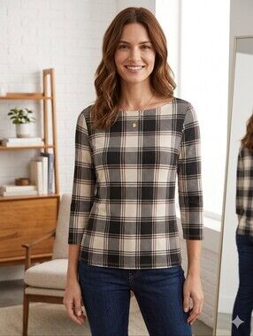 Ann Taylor Factory 3/4 Sleeve Boatneck Plaid Top. Size Large